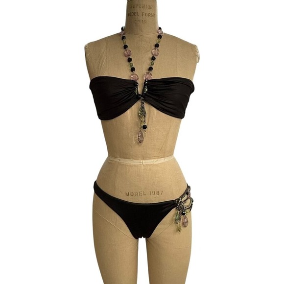 Beach Bunny Swimwear Other - Beach Bunny Black Strapless Bikini Set Beaded Embellished Chain Top L Bottoms M
